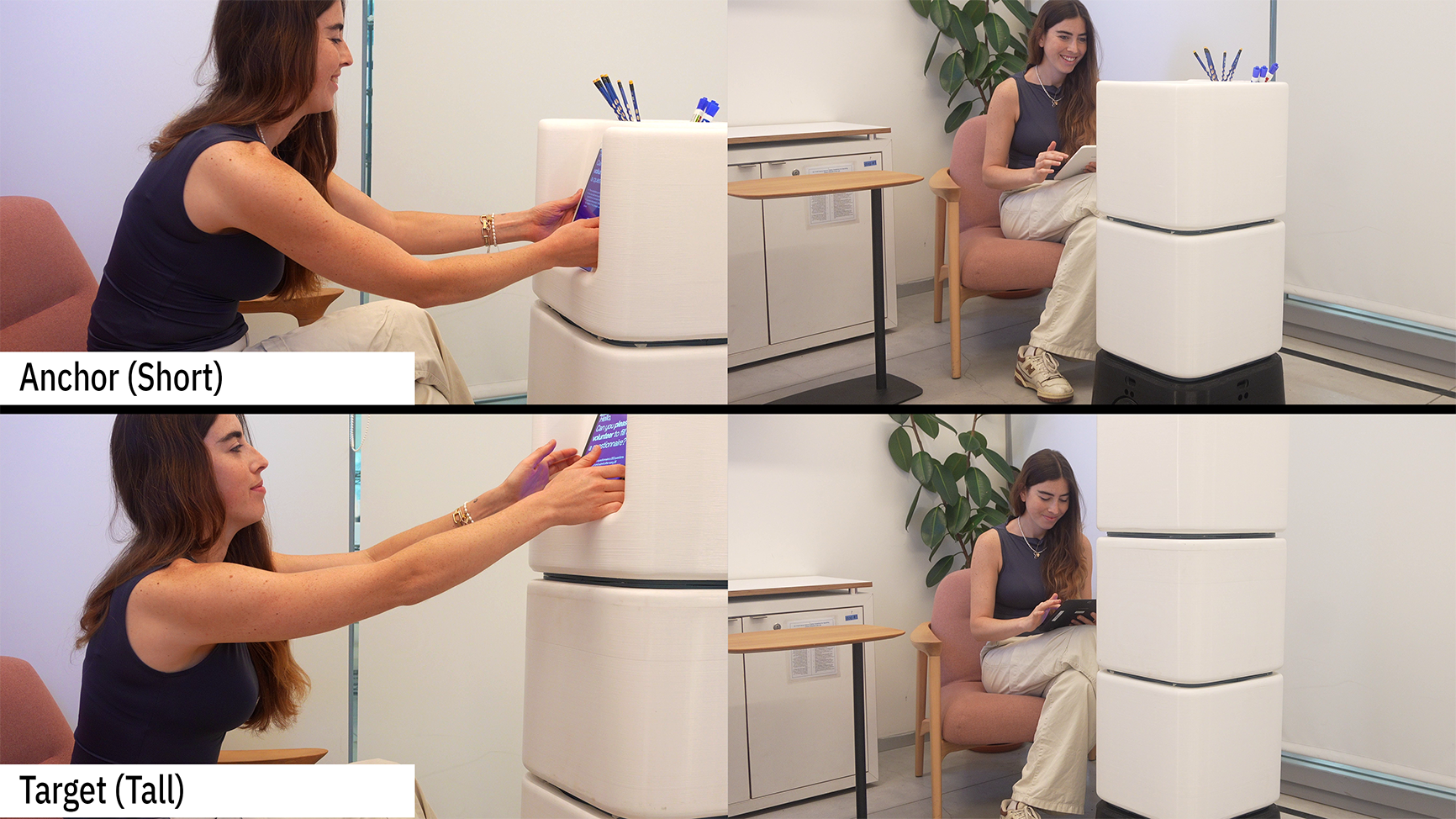 Participants interacting with MORPHY in the four experiment conditions: Anchor Short (top row) and Target Tall (bottom row), shown from two camera angles