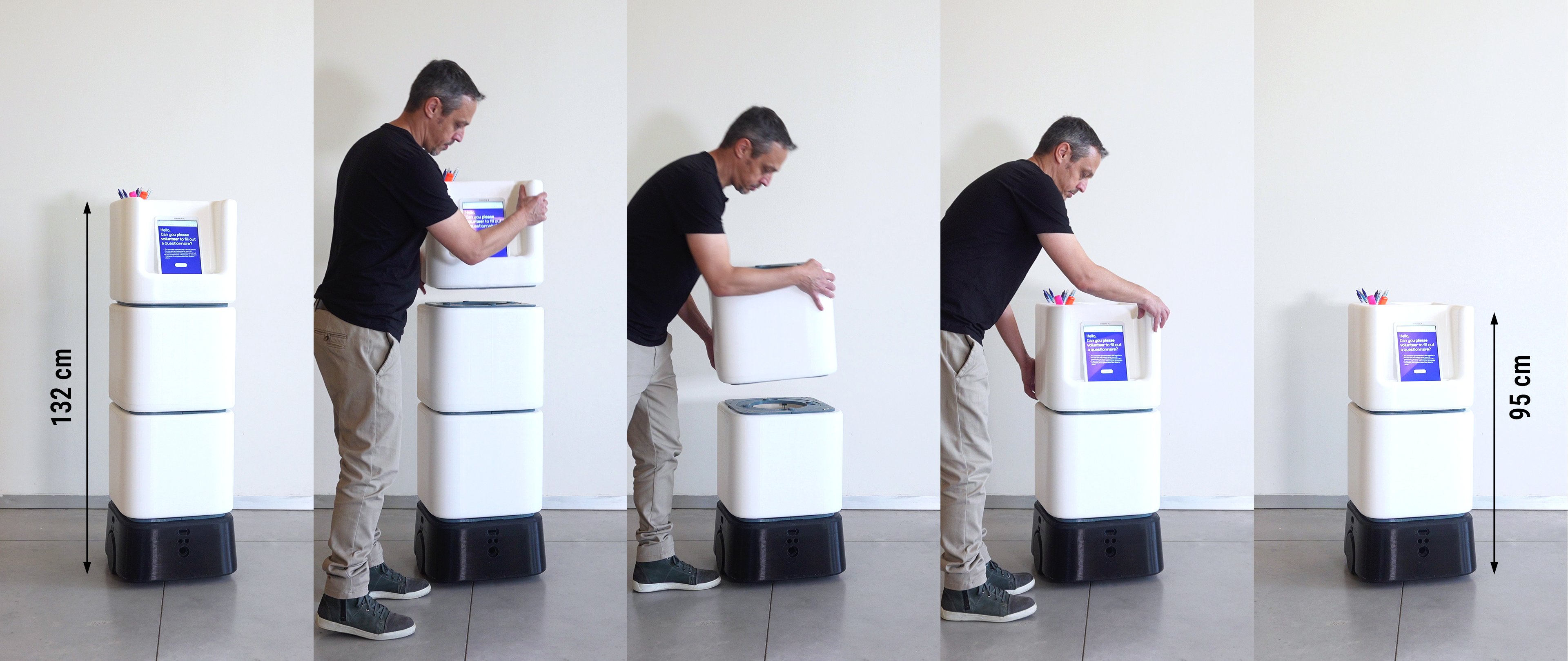 MORPHY assembled at 95 cm and 132 cm, showing the two height conditions side by side