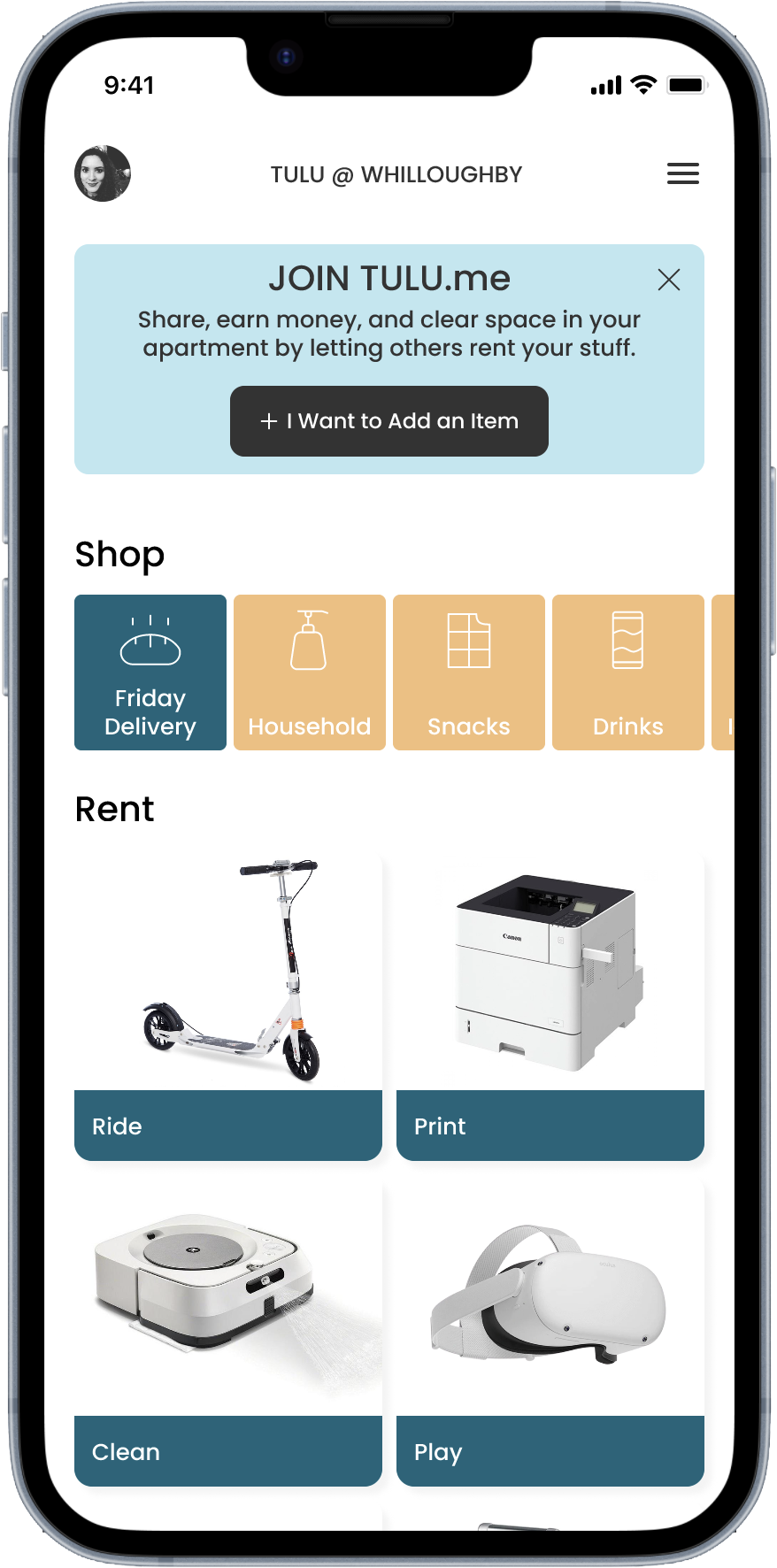 TULU.me home screen: browsing shared items