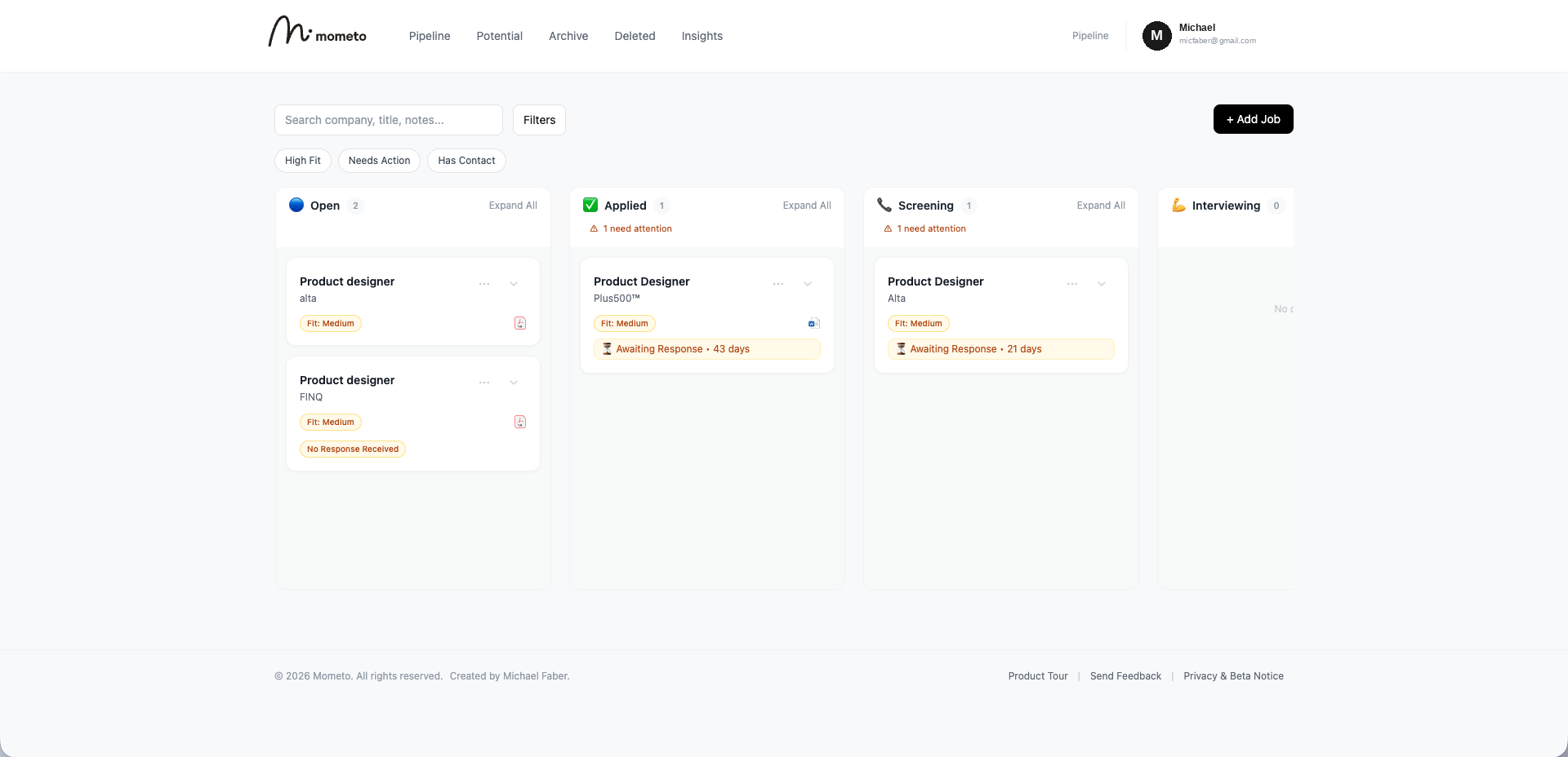 Mometo job search pipeline kanban board