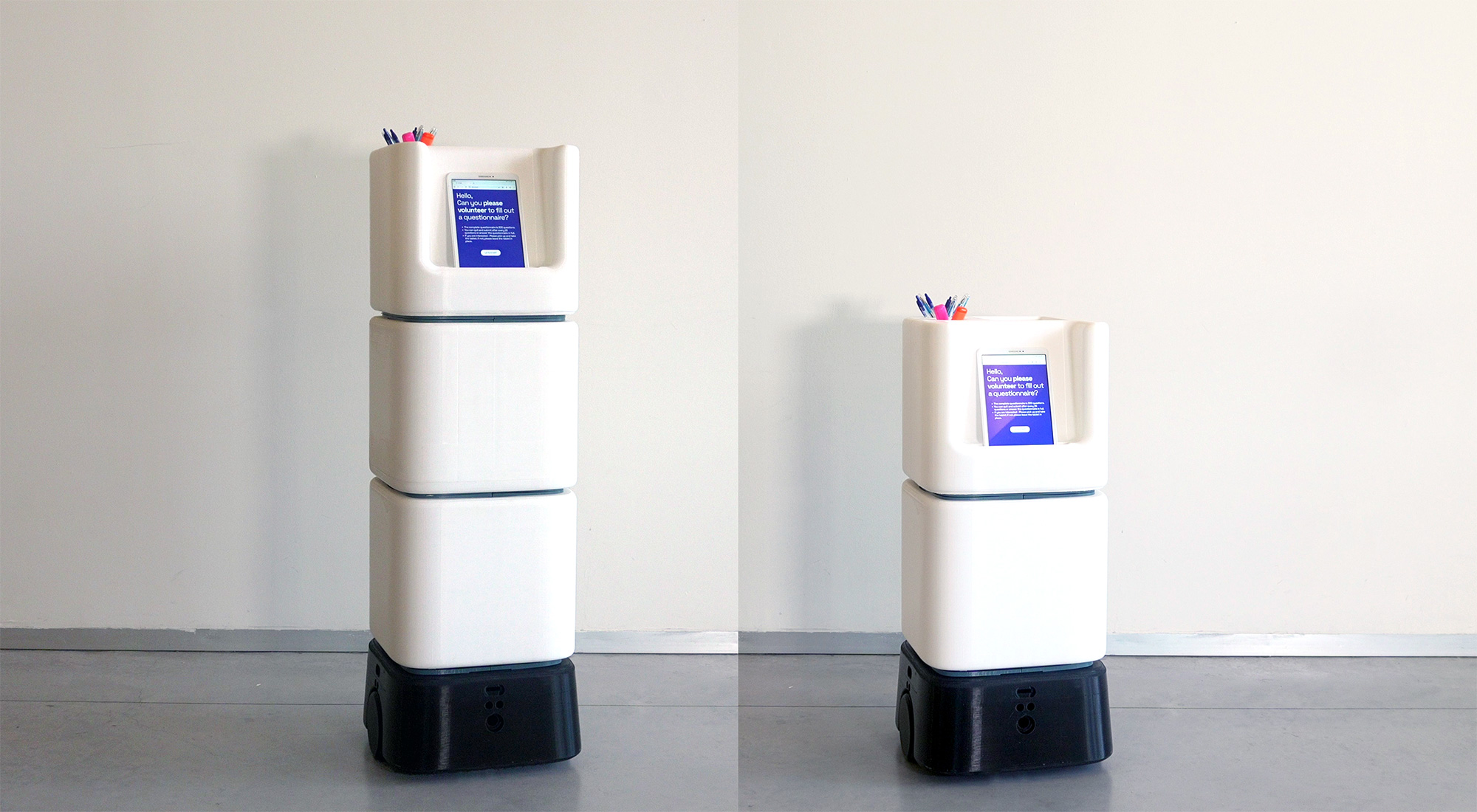 MORPHY robot at two heights — 95 cm and 132 cm side by side