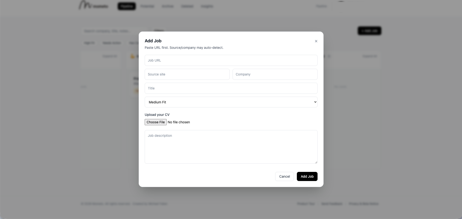 Add Job dialog